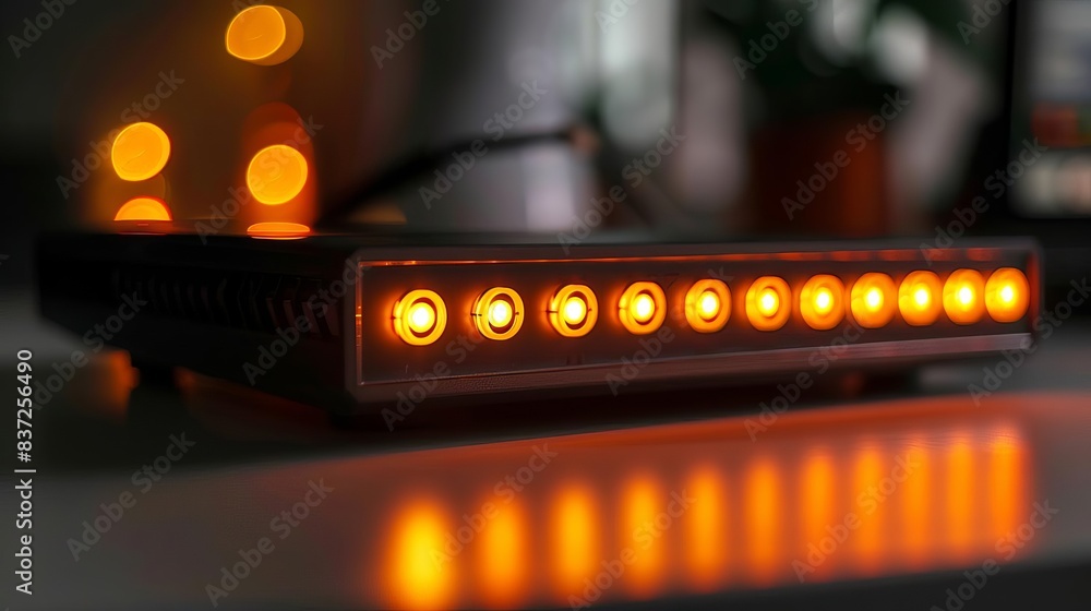 Aufkleber closeup photograph of a modern internet router device with glowing led lights showcasing the technol