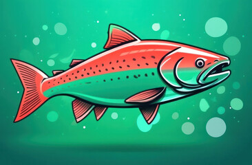 Vibrant digital illustration of a striking salmon against a lush green backdrop with whimsical bubbles