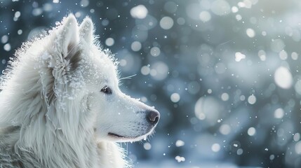 Obraz premium closeup portrait of a majestic white samoyed dog with snowflakes on its fur winter canine photography
