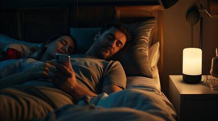 Obraz premium A couple lying in bed at night, with the man using a smartphone while the woman sleeps. A bedside lamp is turned on, providing a warm light.