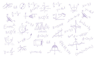 seamless mathematical background features equations, graphs, and geometric shapes in purple against a white background, perfect for educational and scientific designs, textbooks, presentations. EPS 10