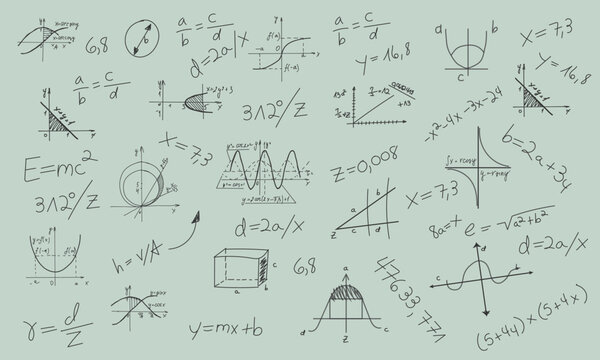 seamless mathematical background features equations, graphs, and geometric shapes in black against a green background, perfect for educational and scientific designs, textbooks, presentations. EPS 10
