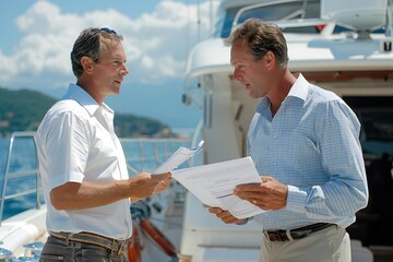 Full body photo of a mature male Caucasian insurance agent discussing policy details with a boat-owner using documents on the deck of a yacht