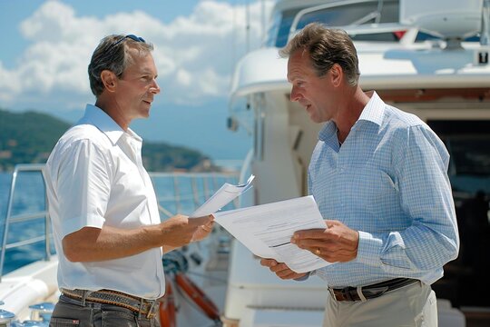 Full body photo of a mature male Caucasian insurance agent discussing policy details with a boat-owner using documents on the deck of a yacht