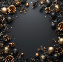 Golden Christmas Decorations on Black Background