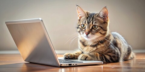 Adorable cat using a laptop to type and browse, perfect for tech lovers