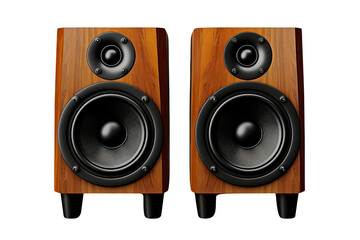Fototapeta premium A pair of wooden bookshelf speakers with black drivers. The speakers are isolated on a black background.