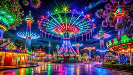 Colorful neon lights illuminating the night sky in a vibrant theme park