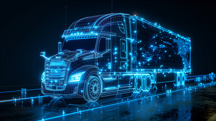 Stunning 3d wireframe illustration of a semi truck with glowing blue neon lights against a dark industrial backdrop