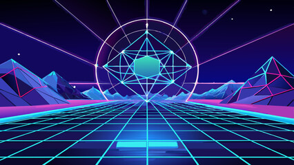 Vibrant Retro-Futuristic Landscape with Neon Grid and Polygons