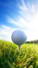 Obraz premium Close view of a golf ball on tee, clear skies and sunlight, perfect for wallpaper
