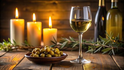 A burning candle surrounded by a glass of white wine and olives on a table
