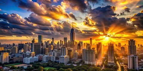 Sunset casting a warm glow over a city skyline with towering cloudy skyscrapers , urban, cityscape, skyline, buildings, architecture, sunset, clouds, dramatic, evening, downtown