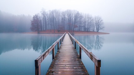 Fototapeta premium Wooden pier on peaceful lake with beautiful nature scene .