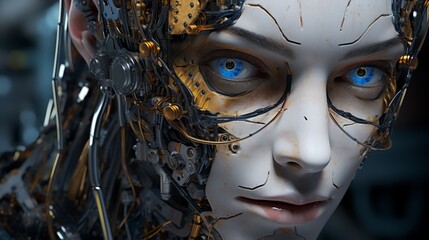 Digital art of a humanoid robot with expressive eyes, detailed wiring, close-up view