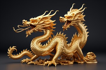 Fototapeta premium Elegant golden dragon 3D model, coiled position, detailed craftsmanship, eye-level