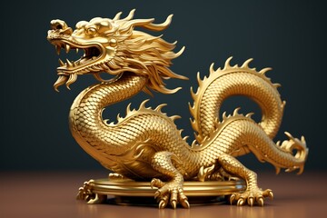 Fototapeta premium Elegant golden dragon 3D model, coiled position, detailed craftsmanship, eye-level