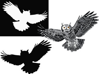 three owls in flight isolated on white and black