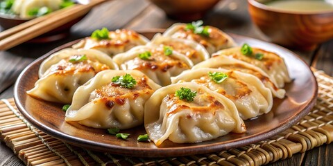 Close-up of a plate of freshly cooked gyoza, a popular Japanese dumpling dish, Japanese, food, cuisine, appetizer, delicious, crispy, pan-fried, savory, flavorful, dipping sauce, homemade