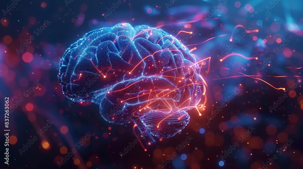 Poster glowing brain with flowing network connections ai and machine learning concept 3d illustration