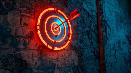 glowing arrow hitting bullseye on stucco wall neon target concept