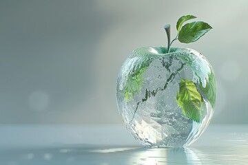 3d glass apple illustration with nature background for graphic design and advertising purposes