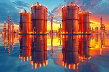 Large Group of Oil Tanks Overlooking Body of Water