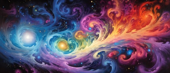 Fototapeta premium Galaxy illustration featuring a spectrum of colors, dynamic swirls, deep space exploration