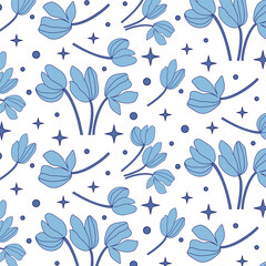 Seamless pattern with cartoon tulips with outline and fill in blue, cyan and white colors. Delicate background with beautiful tulip buds. Elegant handmade texture for decoration and print.