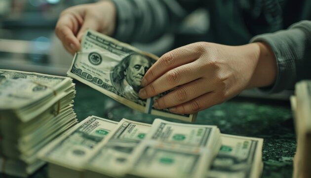 Close-up of a bank teller counting dollar banknotes on a table in high-quality image
