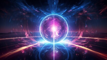 Fototapeta premium Illustrated quantum nuclear fusion, neon plasma flows, high-tech, wide angle