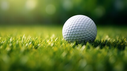 Fototapeta premium Macro shot of golf ball on tee, sharp details, vibrant green setting, ideal for wallpaper