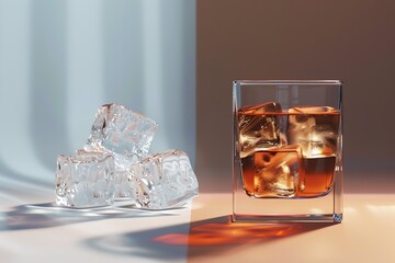 Whiskey glass with visible ice on the right side, perfectly composed for a stunning image