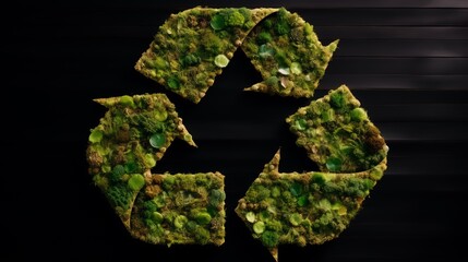 Recycling logo on reusable materials, environment focus, vibrant, close perspective