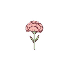 A single pink carnation with green leaves and stem, isolated on a black background.
