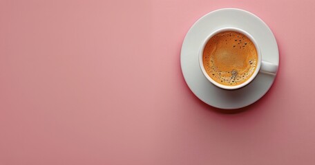 Overhead View of a Cup of Coffee With Foam on a Pink Background - Powered by Adobe