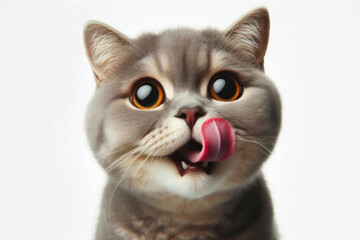Obraz premium hungry and funny cat licking it lips with tongue on white background