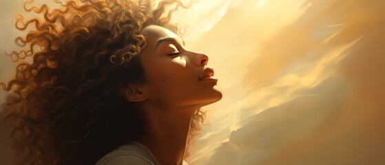 Woman's profile with sunbeam caressing her face, expression of tranquility, close perspective