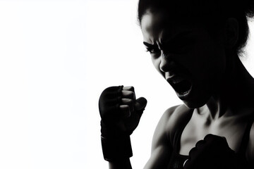 silhouette Angry MMA black woman fighter Isolated on white background
