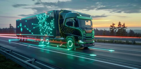 Futuristic Semi-Truck Driving on Highway at Dusk