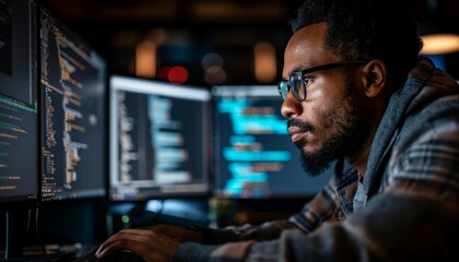 Cropped view of man programming in the dark