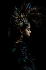 jeune fille avec une couronne de plumes sur fond noir