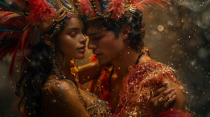 couple amoureux avec couronnes de perles et de plumes