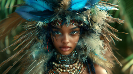 Belle femme à la peau sombre avec couronne de plumes