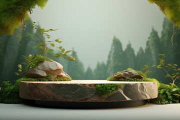 podium and fresh leaves on a green background, generative ai