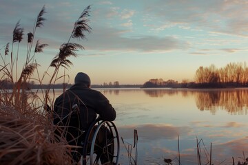 Wheelchair user admiring a serene lake