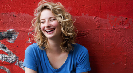 Casual, candid portrait of a young blonde woman wearing a blue shirt leaning against a wall, smiling with her eyes closed, a happy expression, red backdrop, an urban environment with graffiti.