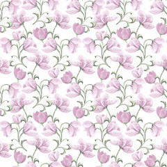 Pink watercolor flowers flowers, seamless pattern on a white background.