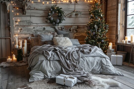 Christmas decorated rustic wooden bedroom interior in gray, white, silver colours with big baldaquin bed, fake fur blanket, candles, Christmas fir tree and gifts on floor. Christmas morning.
