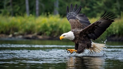 Fototapeta premium A bald eagle fishing illustration.